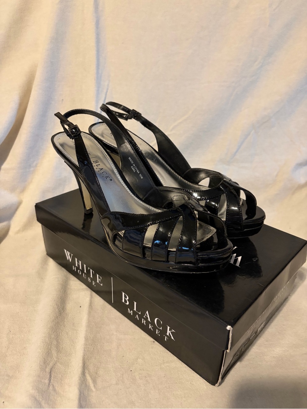 White House Black Market Shiny Black Patent Slingback Heels
